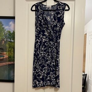 Kaileigh Midnight Blue and Cream Floral Faux-Wrap Midi Dress